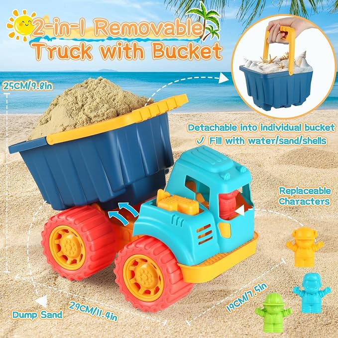 Elovien Beach Sand Toys, Large Dump Truck with Bucket, Sandbox Construction Toy Sand Castle Building Kit with Mesh Bag, Sand Molds, Shovels, Worker Figures, Kids Toddlers Summer Outdoor Travel Toys