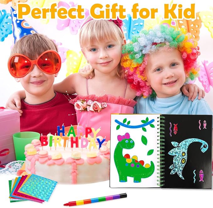 FUNNYB&G Foil Art Craft Kit for Kids 4-10 Years Old: Mess-Free & No-Glue, Create 16 Sparkly Dinosaur& Animal Pictures – Perfect Travel Toy & Birthday Gift for Kids (Dinosaur Animal)