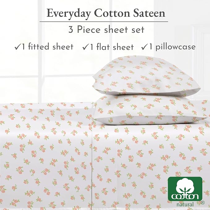California Design Den Twin Floral Sheet Set, 100% Cotton 12" Pocket Twin Sheets & Pillowcase Set, Soft Sateen Weave - Chic Floral