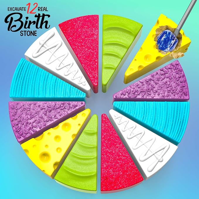 Gem Dig Kit, Dig Up 12 Birthstones, Gemstone Dig Kit for Kids, Birthday Cake Excavation Toy, Educational Gem Mining Kit, Party Favors for Boys & Girls Ages 6+