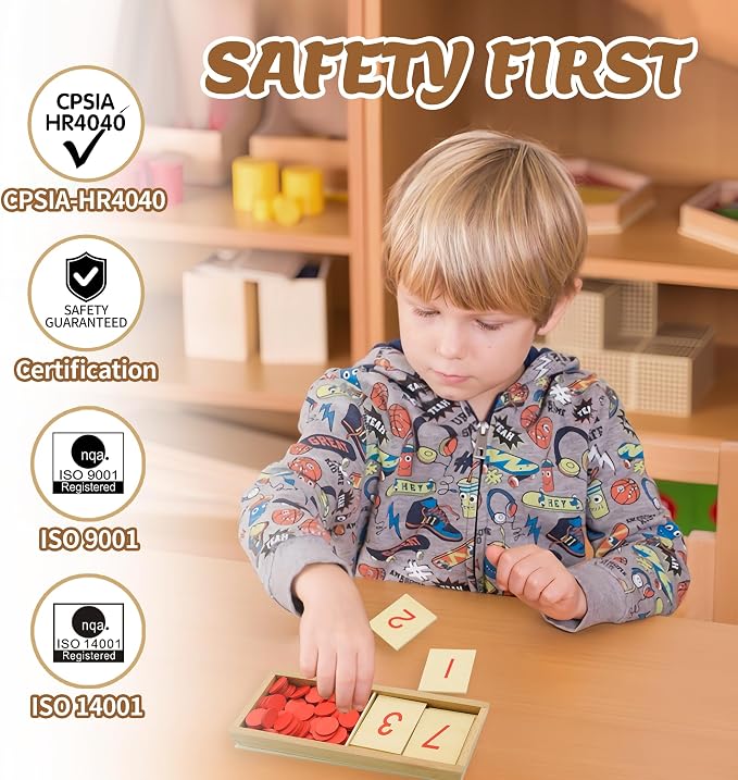 Montessori Wooden Math Counters with Number Cards & Chips 1-10 for Kids 3+ Years Old, Montessori Cards & Counters with Storage Box for Toddlers Math Learning, Preschool Math Toys for Classroom