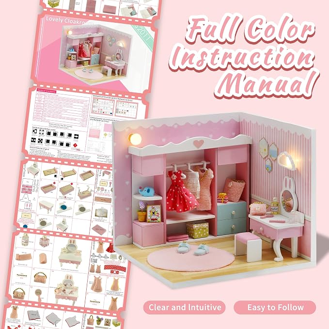 Kisoy Dollhouse Miniature with Furniture Kit, DIY 3D Wooden DIY House Kit A Corner of a Small Apartment Style with Dust Cover & LED,Handmade Tiny House Toys for Adults Gift（Cloak Room）