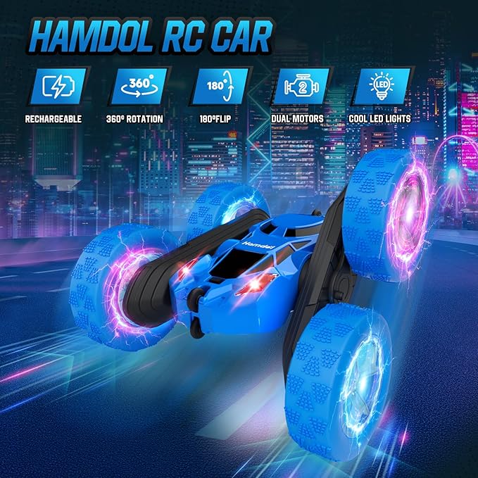 Hamdol STEM Remote Control Car for Kids Ages 6-12, 4WD RC Stunt Car with LED Wheel Lights & 360° Flips, 2.4GHz Fast Electric Toy for Boys 8-10, Educational Gift for Birthday or Valentines