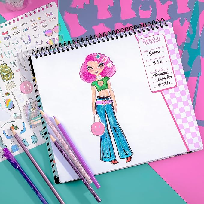 Fashion Angels Fashion Design Sketch Portfolio, Includes 40 Sketch Sheets, 4 Stencil Sheets & Stickers, Fashion Sketch Pad for Beginners & Kids Ages 6+
