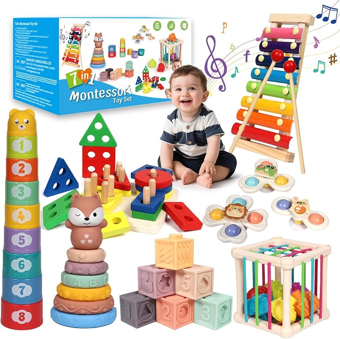 LearnToy Baby Toys 18-36 Months, Montessori 7-in-1 Activity Set | Stacking Blocks, Infant Teething Toy & Sensory Bin, Baby Boys & Girls Gifts