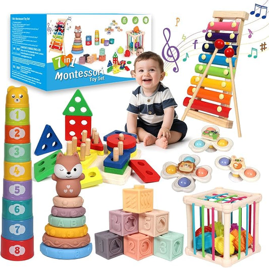 LearnToy Baby Toys 18-36 Months, Montessori 7-in-1 Activity Set | Stacking Blocks, Infant Teething Toy & Sensory Bin, Baby Boys & Girls Gifts