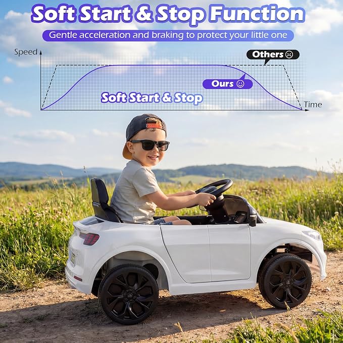 Costzon Ride on Car, 12V Licensed Ford Mach E Kids Electric Vehicle with Parent Control, LED Lights, Horn, Music, Wireless Connection & Spring Suspension, Kids Car Toy for Girls Boys (White)