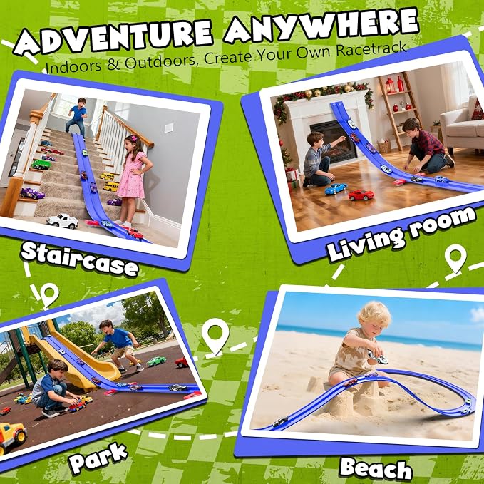 Wupuaait Flexible Race Car Track for Kids, 15Ft Race Track Toy with 4 Cars and Suction Cups, Rolls Up Portable Racetrack Compatible with All 1:64 Cars Toys, Birthday Gifts Toys for Boys Girls