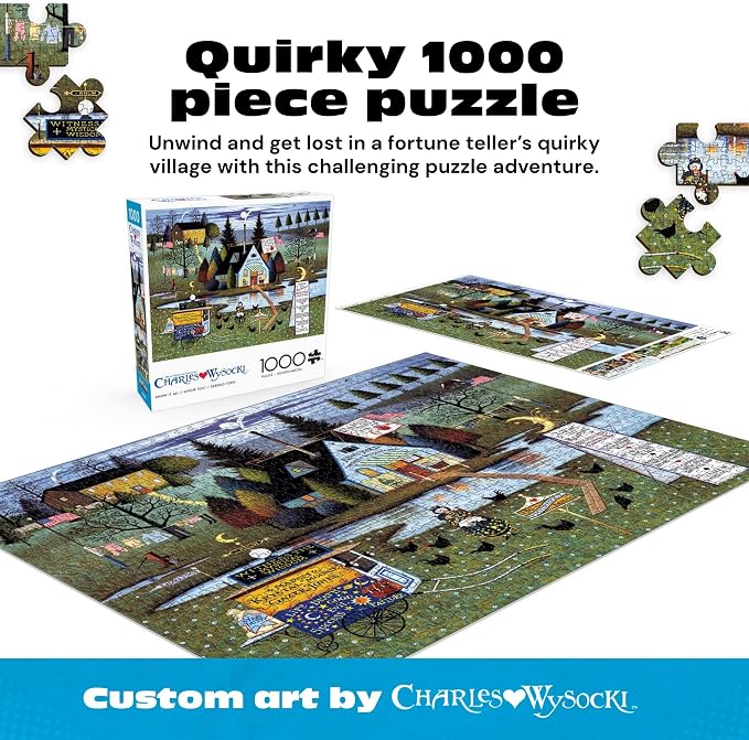 Buffalo Games Charles Wysocki - Know It All - 1000 Piece Jigsaw Puzzle - 26.75 x 19.75 in, Poster Included - 1000 Piece Puzzle for Adults - Folk Art Village Scene - Recycled Board