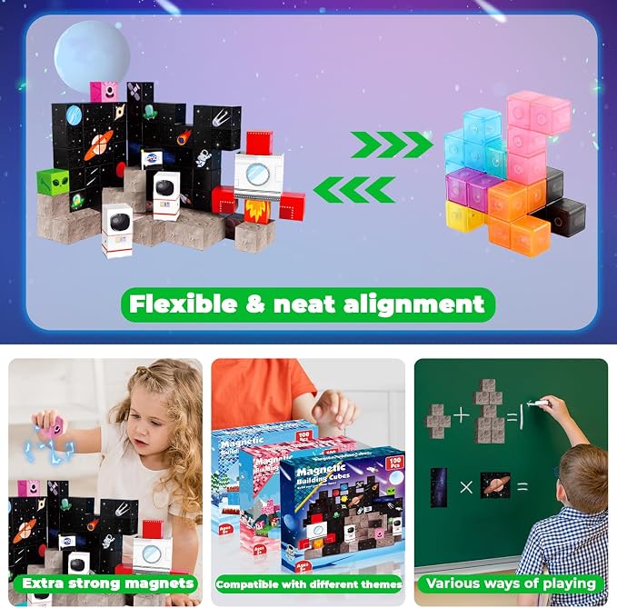 Annexfun Magnetic Blocks-100PCS Magnetic Building Blocks,Space Rocket Magnetic Tiles Cubes 2026 Upgraded STEM Game, Christmas Birthday Gifts for 3 4 5 6 7 8 9 10 Year Old Boys and Girls