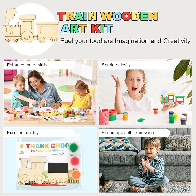 24 Set Train Party Favors, Train Birthday Party Supplies, Wood Trains Painting Crafts Kits, Magnets with Card for School DIY Activity Trains Theme Choo Choo Birthday Party Decor Thank You Gifts