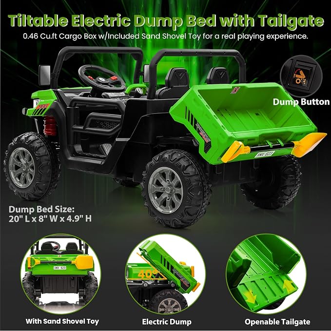 24V 4WD Ride on Truck Car w/4X200W Motor, Dump Bed, Gift Flower, 2 Seaters, Remote Control, 4 Wheeler, LED Light, Music, 24 Volt Ride on Toys for Big Kids Girls 3-8, Green