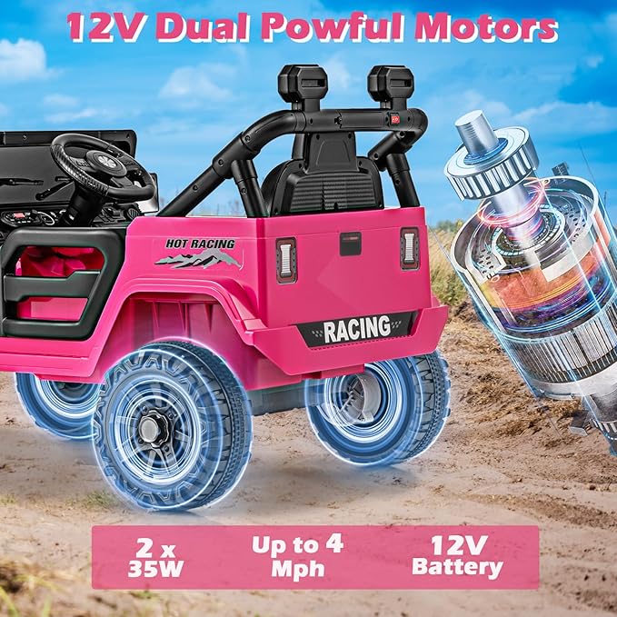 OLAKIDS Ride on Truck, 12V Battery Powered Electric Vehicle for Kids with Remote Control, Bluetooth, Power Display, LED Lights, Music Player, Ride on Toy for 3+ Boys Girls (Pink)