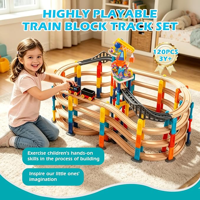 120Pcs Wooden Train Tracks Set, 398-inch Track Expansion, Toddler Railway Bridge Toy Train Set with Airplane and Magnetic Crane, Birthday Gifts for Boys and Girls, Compatible with All Major Brands