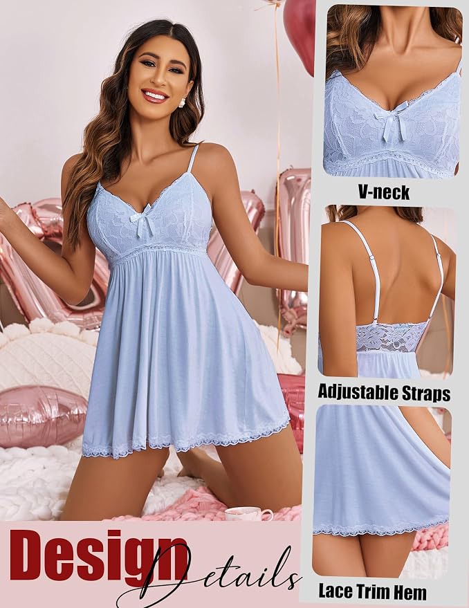 Avidlove Women Nightgown Sexy Sleepwear Lace Chemise V-neck Modal Babydoll Lounge Dress