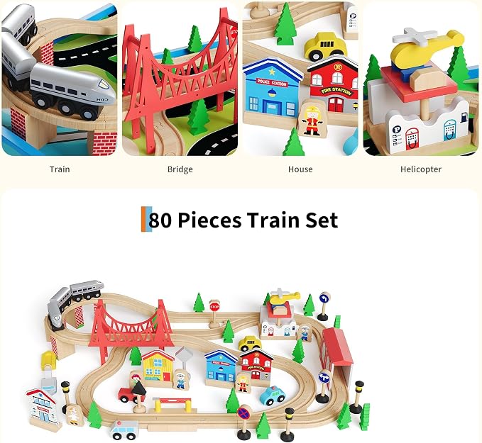 Garvee 78 Piece 4-in-1 Wooden Train Table for Kids - Multipurpose Activity Play Set with Reversible Top, Tracks & Built-in Storage, Natural Wood