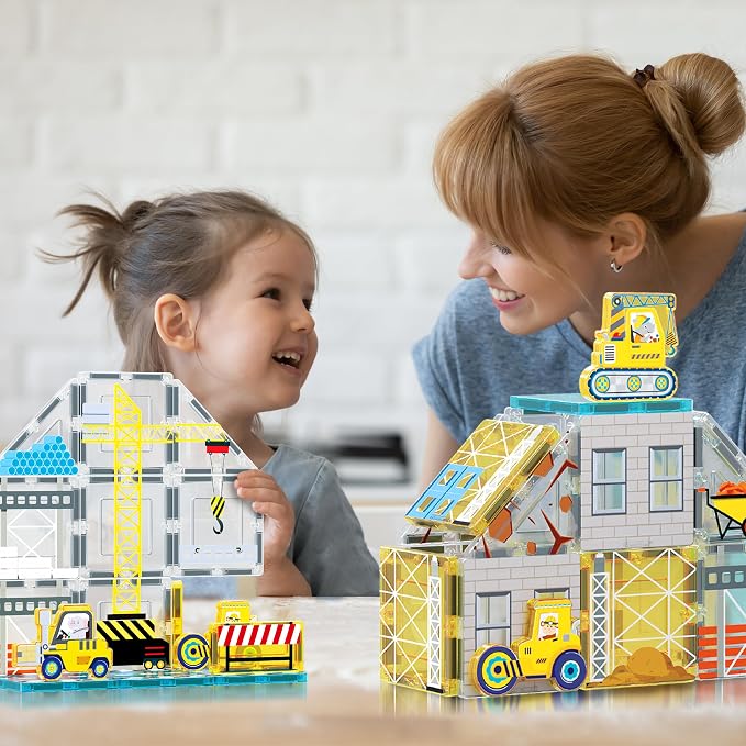 PicassoTiles Magnet Tiles Magnetic Building Blocks with 8 Construction Vehicles Crank Truck Excavator Bulldozer Road Roller Concrete Mixer Tractor Dump Truck Forklift Toys Learning Kids Ages 3+ PTQ11