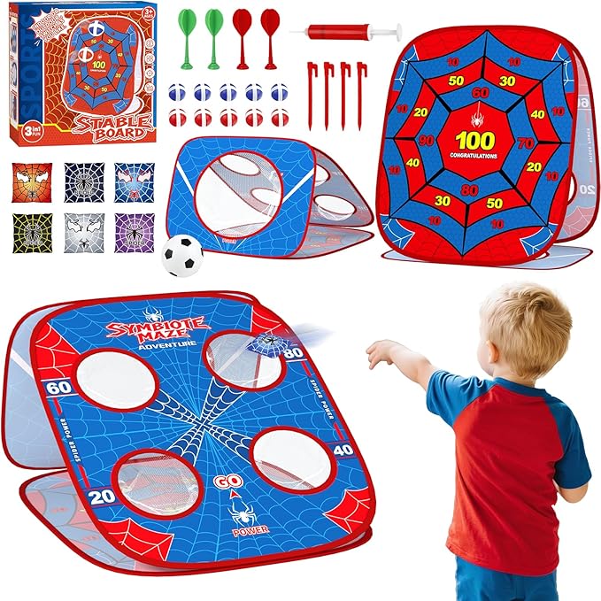 4-in-1 Spider Bean Bag Toss Game for Kids, Kids Cornhole Game Set Indoor Outdoor Toys for Boys Girls Ages 3-8, Football Toss Sticky Ball Dart Game, Backyard Lawn Beach Birthday Party Gift