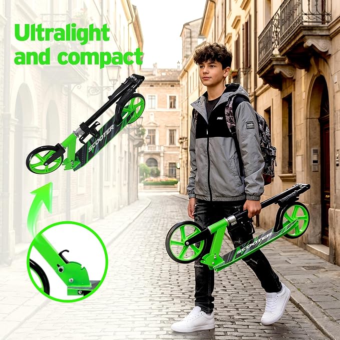 Scooter for Kids Ages 6+, Teens & Adults, Max Load 240 LBS, Foldable Kick Scooter with 8-inch Big Wheels, Kickstand, 3 Adjustable Levels, Rear Brake,