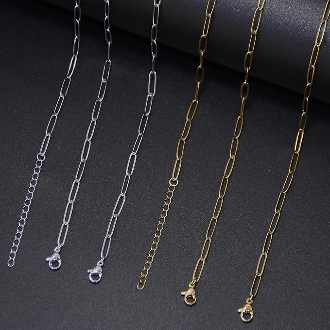 Exway 10 Pcs Paperclip Charm Bracelets Chain 6.5 Inch Stainless Steel Gold Chain Bracelets Kit with Lobster Clasps for Crafts DIY Women Jewelry Making