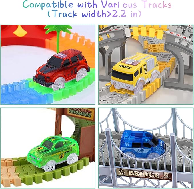 Tracks Cars 4PCS Magic LED Light-up Track Car Replacement Only,Flex Race Cars Glow in the Dark with 5 Flashing LED Lights Fits Most Tracks,Perfect Car Toys for 3-8 Kids,Boys&Girls
