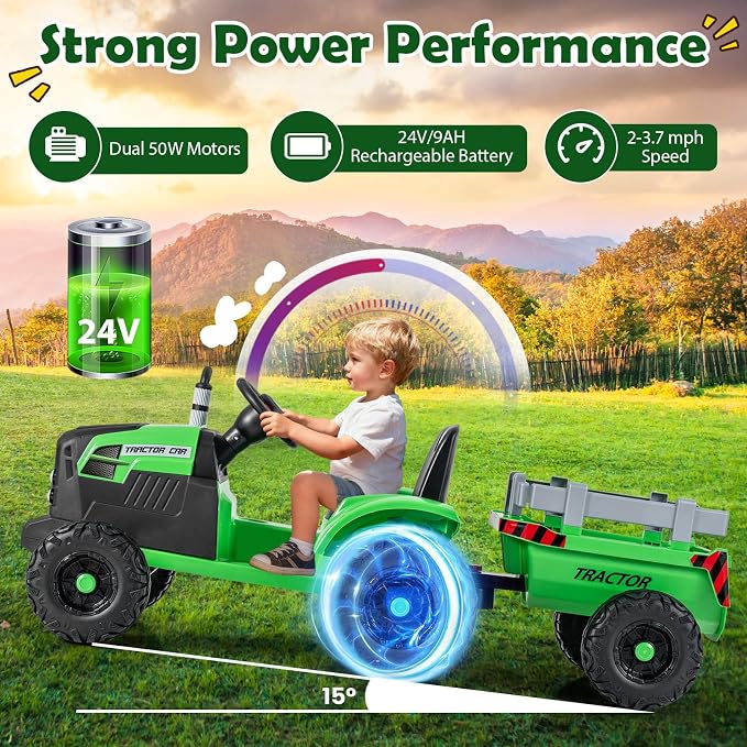 Costzon 24V Ride on Tractor with Detachable Trailer, Kids' Electric Vehicles with 3 Speeds, 15° Climbing, Wireless Design, Horn & Music, Remote Control Tractor Toy for Kids 3+,Gift (24V, Green)