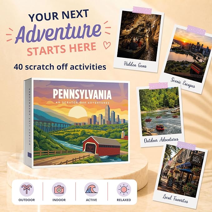 Pennsylvania Bucket List Scratch Off Cards - 40 Adventure Bucket List Cards with Region Split Map, Hidden Gems, Scenic Escapes & Local Favorites - Travel Gift for Couples, Families, Friends & Tourists