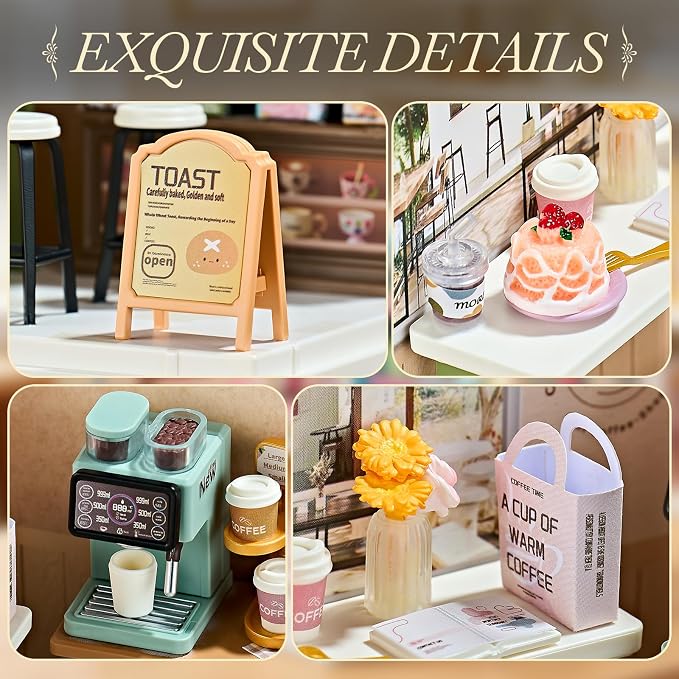 Miniature Coffee Shop DIY Kit with Acrylic Display Case – Collectible Café Dollhouse Room, Tool-Free Mini House Craft for Teens, Adults & Beginners