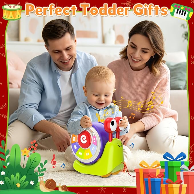 3 in 1 Pull Along Snail Toddler Toys, Baby Piano and Light Up Toddler Drum Set Early Learning Toys Toddler Gifts for Boys Girls, Baby Toys Musical Toys for Toddlers 1-3