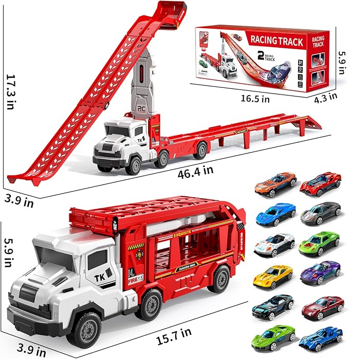 Transport Truck Toys for 3 4 5 6 7 Years Old Boys,Toys Cars Track Set Transporter Trucks with 12 Die-Cast Car Toys 2 Race catapults Dual-Track Model,Toddler Car Toy Set for Kids Boys Girls