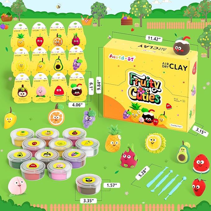Air Dry Clay Kit - Fruit Theme, Modeling Clay for Kids, DIY Magic Clay with Sculpting Tools and Tutorials, 12 Boxes Molding Clay, Ultra Light, Soft & Non-Sticky, Arts and Crafts Gift for Kids
