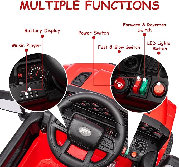 GarveeLife 12V Kids Ride On Truck Electric Vehicle Battery Powered Car Toddlers Ride On Toy for Boys Girls with Remote Control, 4-Wheel Suspension, Battery Display, LED Lights, Music, Red
