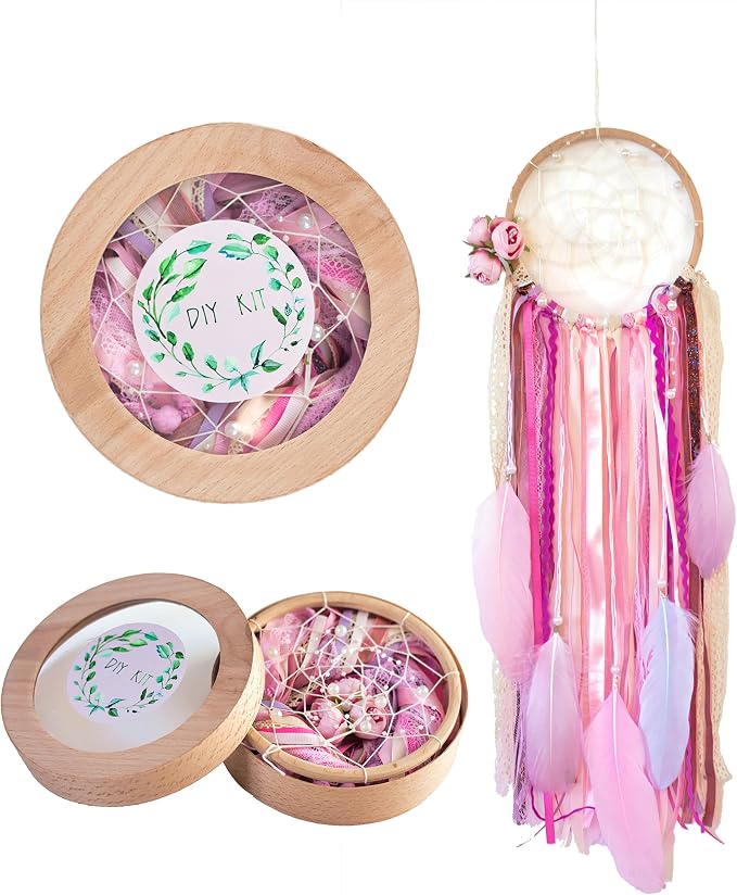DIY dream catcher kit-Make your own dreamcatcher-Craft set for kids-Do It Yourself Pink dreamcatcher-Birthday party Activity Diam 6.2 inch(15.5cm) Floral Classic Dream catcher