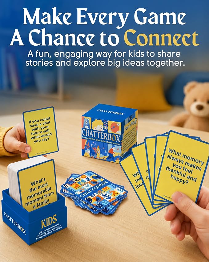 Chatterbox Conversation Cards for Kids, 200 Questions Designed for Kids and Children to Share, Connect and Enjoy Family Game Night, Family Reunion, Dinner Table, School Group Events & Road Trips