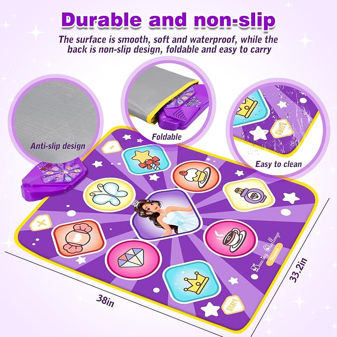 Kusntin Dance Mat, Dance Mixer Rhythm Step Play Mat, Pink Dance Pad with LED Lights, Adjustable Volume, Built-in Music, 5 Game Modes, Xmas Birthday Gifts for 3-10 Years Girls Toys (Purple-Princess)