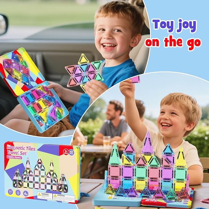42 Pcs Mini Travel Glitter Magnetic Tiles Magnetic Block Set with Storage Box - STEM Educational Sensory Preschool Building Toy for Toddlers, Ideal Kids Gifts for Ages 2 3 4 5 6