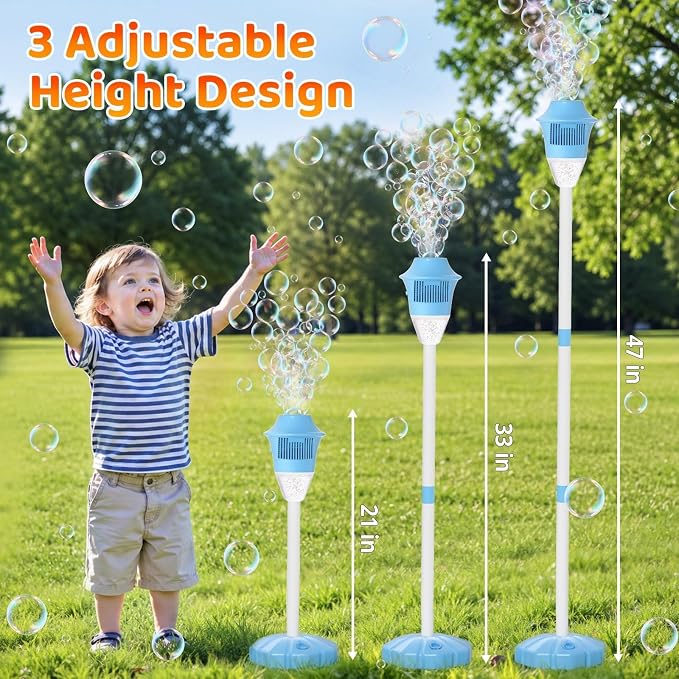 Bubble Machine for Kids: Rechargeable Bubble Blower Maker Torch with Light Music, 2 Batteries 47" Adjustable Height, Bubbles Wand Outdoor Toddler Toys for Summer Camping Wedding Backyard Pool Party
