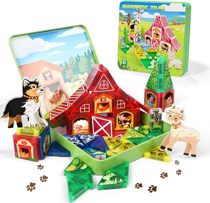 48pcs Mini Magnetic Tiles – Farm Animal Building Blocks Set in Iron Box, Portable STEM Travel Toys for Toddlers, Quiet On-the-Go Activities & Preschool Learning for Kids