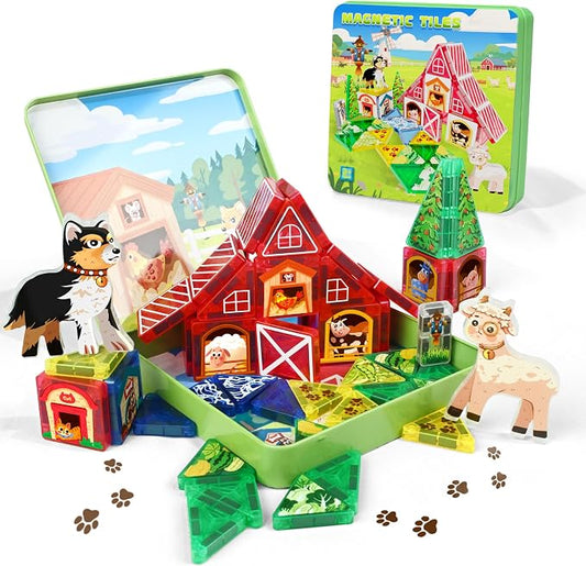 48pcs Mini Magnetic Tiles – Farm Animal Building Blocks Set in Iron Box, Portable STEM Travel Toys for Toddlers, Quiet On-the-Go Activities & Preschool Learning for Kids