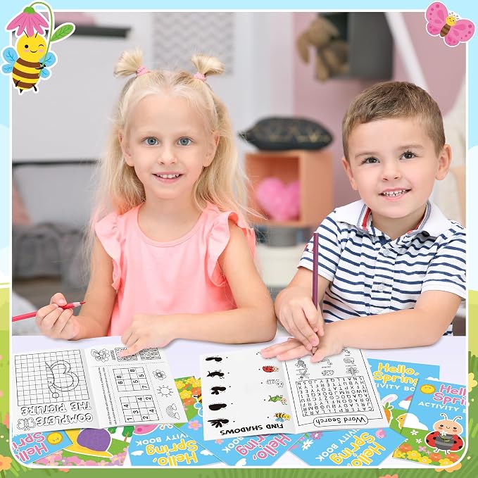 Spring Activity Books for Kids - 24Pcs Hello Spring Mini Games Coloring Book Set Bulk Insect Floral Mazes Word Search Word Scramble Games for Valentine Spring Easter Holiday Party Goodie Bag Stuffers