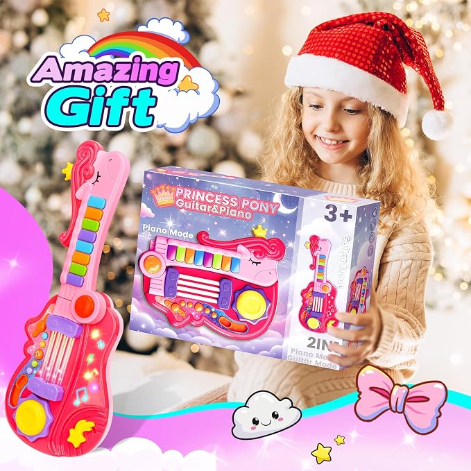 Kids Guitar Toy for 3 Year Old Girl Gift 2-in-1 Electric Guitars with Piano Mode for Toddlers Light Up Music Toys for 3 4 5 Year Old Girls Boys Gifts