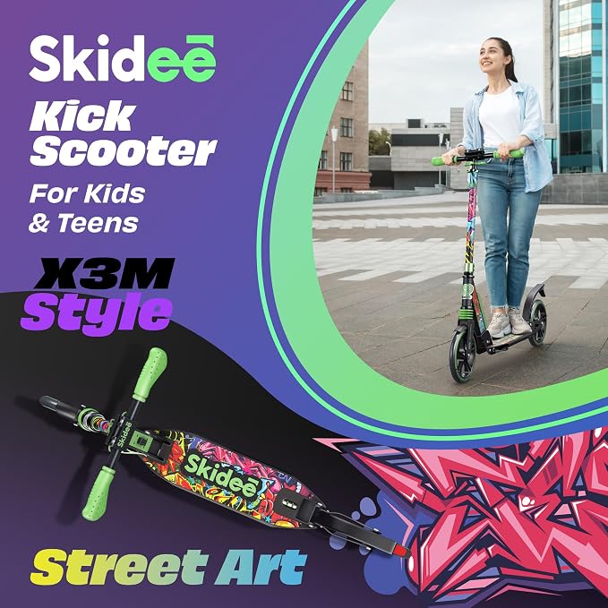 Skidee Adult & Teen Scooter Adjustable Height, Folding, Large Wheels, Lightweight, Durable, Anti-Shock Suspension, Up to 220 lbs
