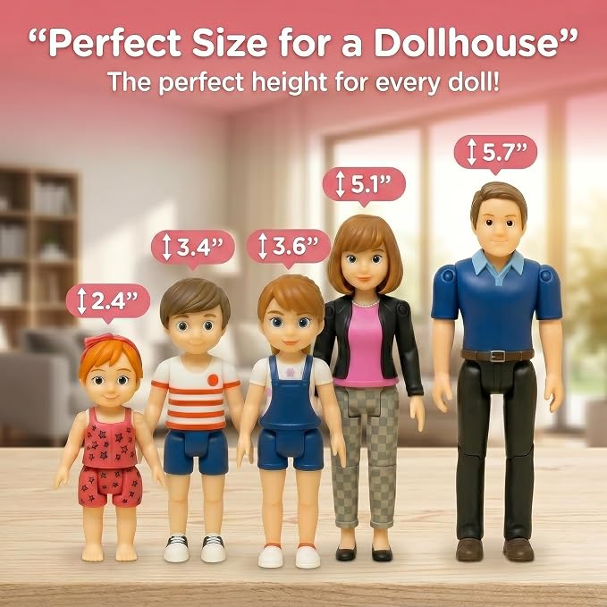 Family Dollhouse People - Bendable Doll House People Figures - 5 Poseable Action Figures Incl. Mom, Dad, Sister, Brother, & Toddler - Small Dolls for Doll-house Designed to Fit Standard Dollhouses