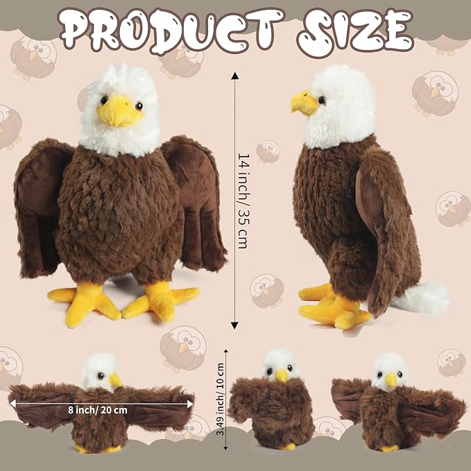 4 Pcs Bald Eagle Stuffed Animal, 14" Zippered Large Mommy Stuffed Eagle Plush with 3 Baby Bald Eagles Toys, Wild Zoo Animals Gifts for Kids Boys Girls Birthday Christmas