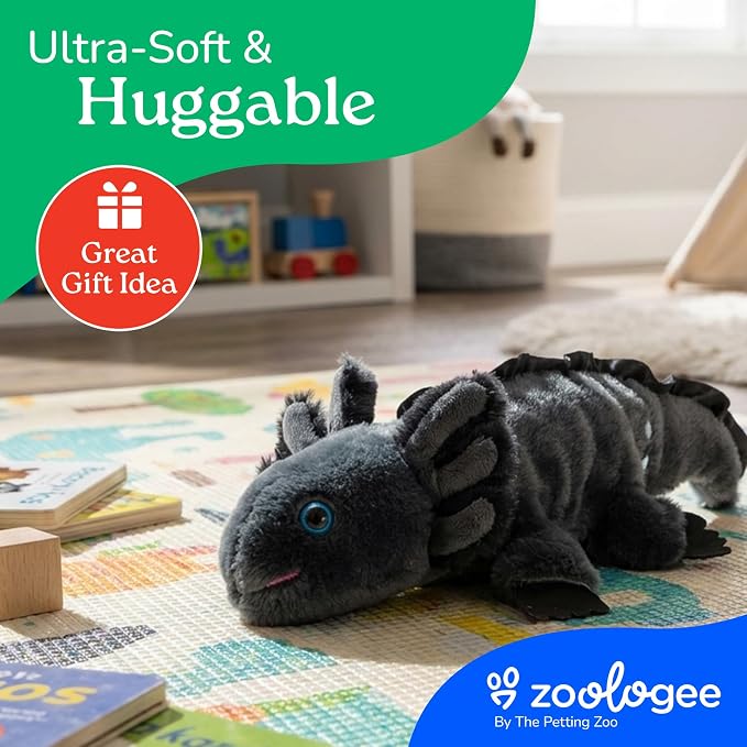 The Petting Zoo Black Axolotl Stuffed Animal Plushie, Gifts for Kids, Scoopz Sealife Animals, Black Salamander Plush Toy, 8 inches