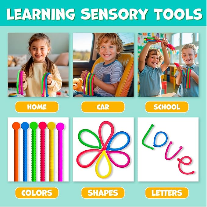 BUNMO Stretchy Strings - Sensory Toys - Stimulating & Fun Sensory Toys for Kids - Fidget Toy - Hours of Fun for Kids - Non-Mouthable Toy 3+ - Textured 6 Pack
