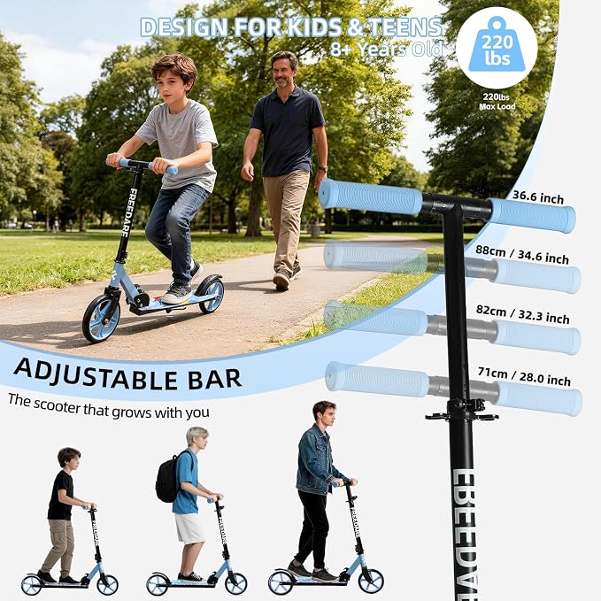 FREEDARE Kick Scooter for Kids & Adults Ages 8+, Foldable Teen Scooter with 2 Big 8-inch Wheels and 4-Level Adjustable Handlebar, Max Load 220 LBS