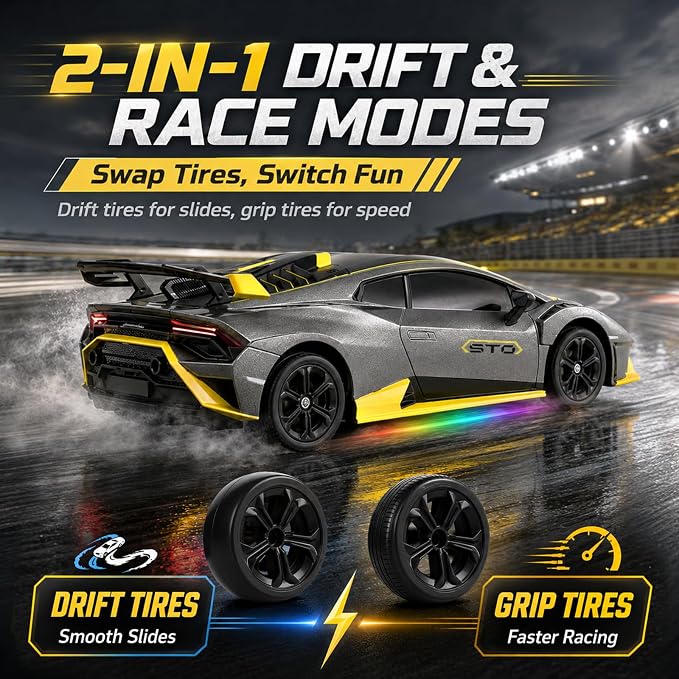 YESHIN 1：24 Lamborghini Haracan Drifting Car Gray, Lamborghini Toy Car, RC Cars for Boys Age 8-12, 2.4GHz Remote Control Car with Light