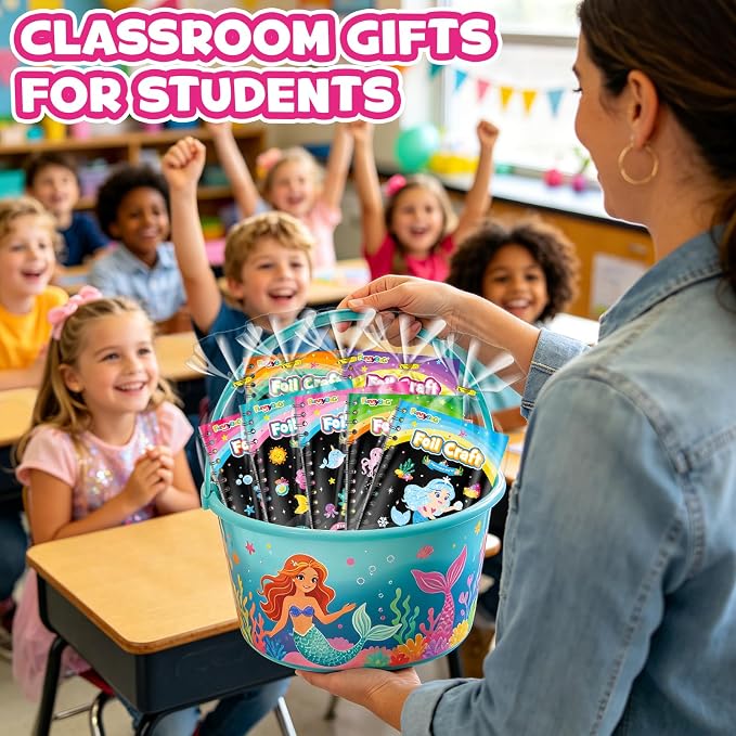 FUNNYB&G Foil Art Party Favors for Kids - 24 Pack Foil Art Crafts Kits Coloring Books, Goodie Bag Stuffers Party Favors for Kids 4-8 8-12, Bulk Birthday Classroom Prizes Girls Boys Gifts (Mermaid)