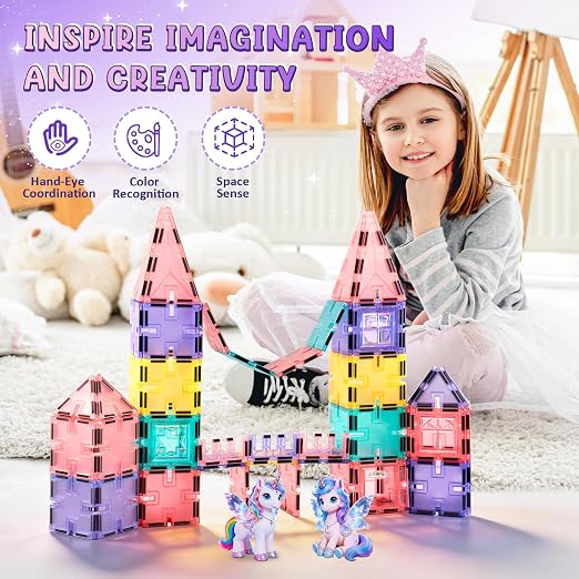 Magnetic Tiles, 80PCS Interlocking Building Blocks, Unicorn & Mermaid Princess Castle Construction STEM Learning Early Education for Kids Girls Boys,Toddler Toy Set Age 3-8